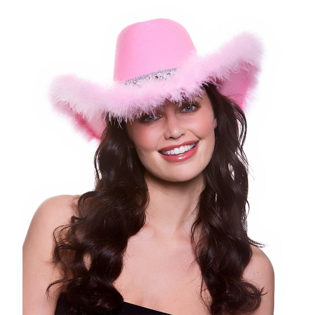 pink cowboy hat with feather trim